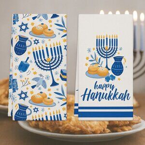Chanukah Kitchen Towels Set 2pc Menorah Dreidel Design  Hanukkah Gift set 18x26"